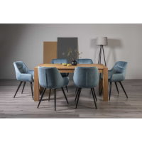 Turin Light Oak Rectangular 165cm Medium Dining Table Set 6 Blue Velvet Fabric Chairs
