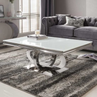 Modern White Glass Coffee Sofa Table Polished Metal Base 70 x 130cm Wide