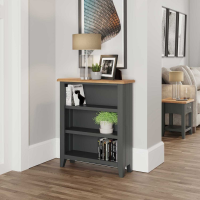 Grey Painted Wooden Small Wide Open Bookcase Light Oak Top with 3 Shelves