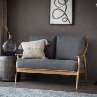 2 Seater Sofa Dark Grey Linen Fabric Upholstery Oak Wood Framed