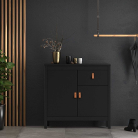 Trendy Matt Black 2 Door 1 Drawer Sideboard With Brown Leather Tab Handles 79.7x82.1cm