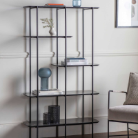 Open Display Shelving Unit Black Metal Framed Faux Marble Shelves 160cm Tall