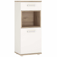 Kids Modern Oak and White High Gloss 1 Door 1 Drawer Narrow Cabinet Cupboard Opalino Handles