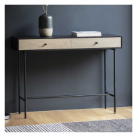 Modern Black Metal and Brown Oak Wood 2 Drawer Hallway Console Table With Tube Footrest 110x35x80cm