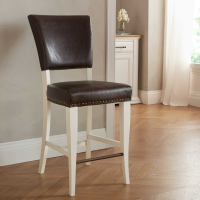 Ivory Painted Kitchen Breakfast Bar Stool Rustic Brown Faux Leather Upholstery