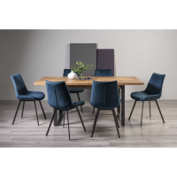 Rustic Oak 190 to 240cm Large Extending Dining Table Set 6 Blue Velvet Fabric Chairs