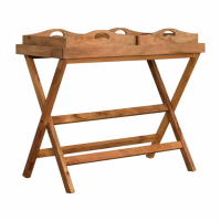 Printed 2 Butler Tray Serving Table Oak Finish Solid Mango Wood Foldable Legs