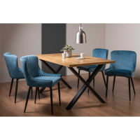 Ramsay Rustic Oak Effect Melamine 6 Seater Medium 160cm Dining Table Set on X Leg 4 Cezanne Petrol Blue Velvet Fabric Chairs