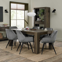 Fumed Oak 6 to 8 Seater Dining Room Table Set 6 Grey Velvet Fabric Chairs 180 to 235cm