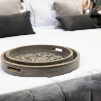Set Of 2 Hand Carved Wooden Floral Grey Wash Louis Round Serving Drinks Trays