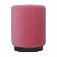 Pink Cotton Velvet Fabric Upholstered Footstool With Walnut Wooden Base