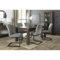 Retro Dark Oak 185 to 245cm Extending Dining Set 6 Distressed Light Grey Fabric Chairs