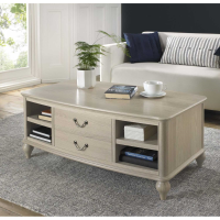 Modern Rectangular Coffee Table Chalk Oak Finish 2 Shelves 2 Drawers