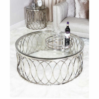 Large Chrome Round Metal Coffee Table Clear Tempered Glass Top 100cm Diameter