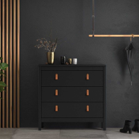 Modern Matt Black 3 Drawer Bedroom Chest With Brown Leather Tab Handles 79.7 x 82.1cm