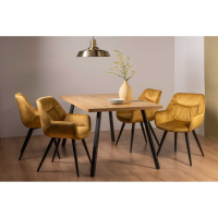 Modern Rustic Oak Dining Table Set with 4 Mustard Yellow Velvet Chairs