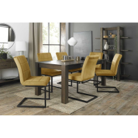 Retro Dark Oak 185 to 245cm Extending Dining Set 6 Distressed Yellow Fabric Chairs