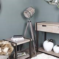 Grey Wood Tripod Floor Standing Lamp with Tube Luminaire E27 Dual Plug