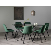 Modern Miro Clear Glass 160cm 6 Seater Dining Table Set Green Velvet Fabric Chairs