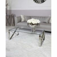 Stainless Steel Chrome Coffee Table Clear Glass Top Rectangular Shape X Frame Design