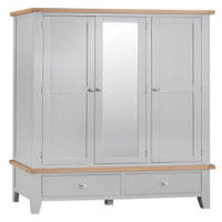 Modern Style Oak Wood Crisp Grey Painted Finish Large 3 Door 2 Drawer Bedroom Wardrobe 195 x 145cm
