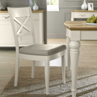 Pair of Ivory White Painted Cross Back Dining Chairs Grey Leather Seat Pad