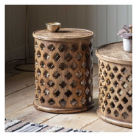 Quatrefoil Side Lamp Table Natural Mango Intricate Carved Top Round Wooden Drum Shape