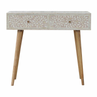 Scandi Floral Bone Inlay 2 Drawer Console Table in Light Taupe Grey and White Solid Wood