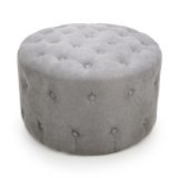 Modern Small Round Buttoned Light Grey Linen Fabric Pouffe Foot Stool Occasional Seating 60cm Diameter