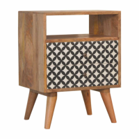 Diamond Screen Printed Solid Mango Wood 2 Drawer and 1 Open Slot Bedside Unit Cabinet Nightstand