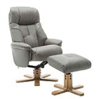 Modern Grey Plush Reclining Swivel Armchair and Footstool Set Oak Base