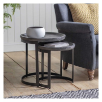 Ottawa Grey Mango Wood Nest of 2 Round Tables Black Metal Legs 48cm Diameter