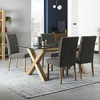 Light Oak Glass 6 Seater Dining Table with 4 Square Back Chairs in Titanium Grey Fabric Set
