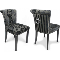 Set of 4 Grey Floral Stripe Velvet Fabric Dining Chairs Chrome Ring Back