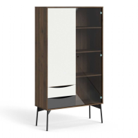 Modern Black and Walnut Glazed Slim Double Glass Display 2 Door Cabinet 180x98cm