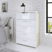 Modern Bedroom Chest of 5 Drawers in Oak With White High Gloss 70 x 102cm