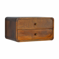 Minimalistic 2 Drawer Mango Wood Wall Mounted Bedside Unit in Chestnut Finish 25x45cm