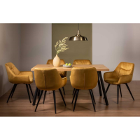 Rustic Oak 6 Seater Dining Table Set 6 Yellow Mustard Velvet Fabric Chairs