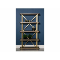 Modern Grey Washed Mango Wood Gold Metal Framed Open Bookcase Display Shelf Unit