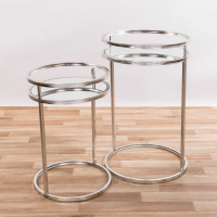 Metal Silver Leaf Parisienne Set Of 2 Round Mirrored Nesting Tables with Shelves