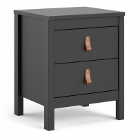 Trendy Matt Black 2 Drawer Bedside Cabinet With Brown Leather Tab Handles 54x44cm