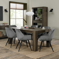 Dark Oak 6 Seater 180cm Kitchen Dining Room Table Set 6 Grey Velvet Fabric Chairs