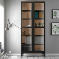 Modern Black and Walnut Glazed Slim Double Glass Display 2 Door Cabinet 202.8 x 88.7cm