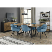 Indus Rustic Oak 6 to 8 Seater Dining Table And 6 Dali Petrol Blue Velvet Fabric Chairs Dining Set