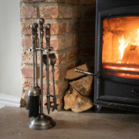 Traditional Fireside Companion Set In Antique Pewter Shovel Poker Brush Claw Set on Stand
