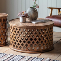 Traditional Round Quatrefoil Drum Mango Wood Coffee Table in Natural 82cm Diameter
