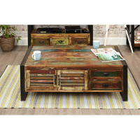 Large Storage Coffee Table Rustic Painted Boat Wood 4 Doors 4 Drawers Recycled Wood Black Metal Frame