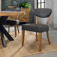 Retro Rustic Oak Dark Grey Fabric Upholstered Kitchen Dining Room Chair