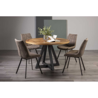 Indus Rustic Oak 125cm Round Dining Set Peppercorn Legs with 4 Tan Faux Leather Chairs