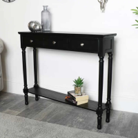 Black Painted Wood Medium 3 Drawer Hallway Console Table with Shelf